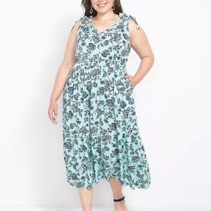 Lane Bryant Tie-Shoulder Tiered Midi Dress, Aqua Color, Vines Print, Size 20